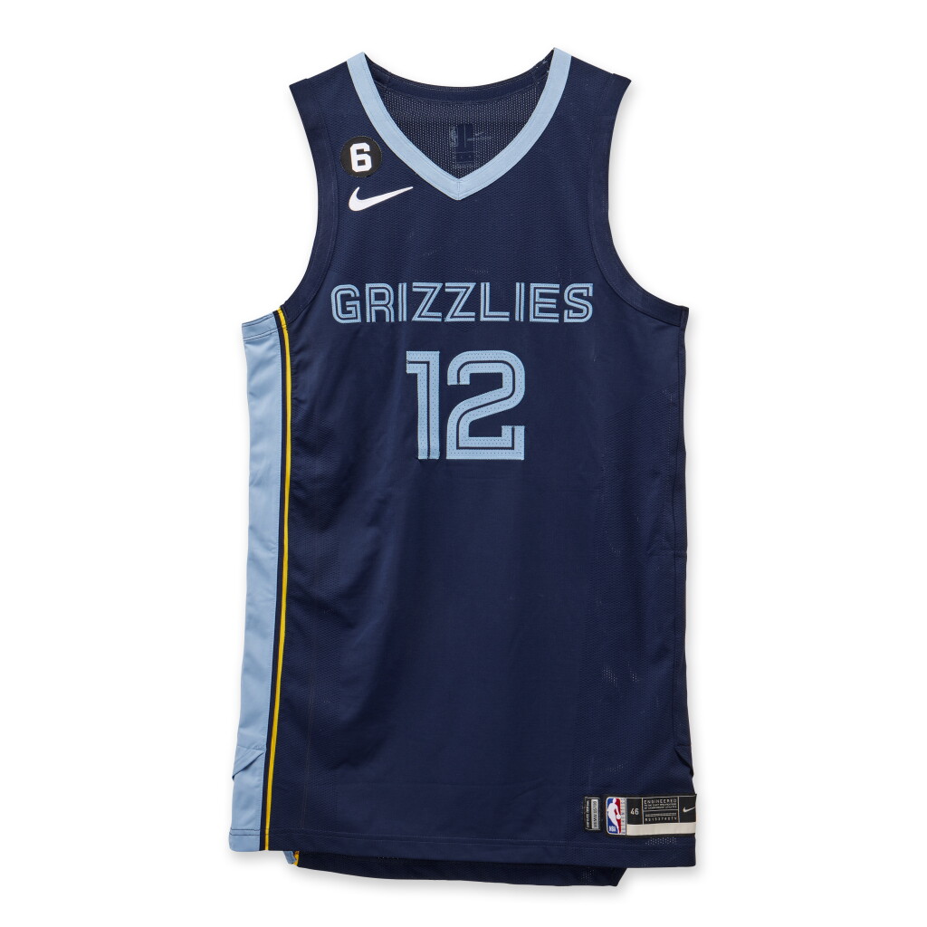 View full screen - View 1 of Lot 128. Ja Morant Memphis Grizzlies 2023 NBA Playoffs Western Conference Round 1 Game Worn Icon Edition Jersey | Game 1.
