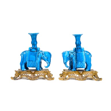 View full screen - View 1 of Lot 115. A PAIR OF FRENCH TURQUOISE GLAZE GILT-METAL MOUNTED ELEPHANT VASES, LATE 19TH CENTURY.
