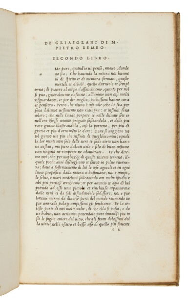 View full screen - View 1 of Lot 178. Bembo, Gli Asolani, Venice, Aldus, 1505, second issue, later vellum, Charles Butler copy.