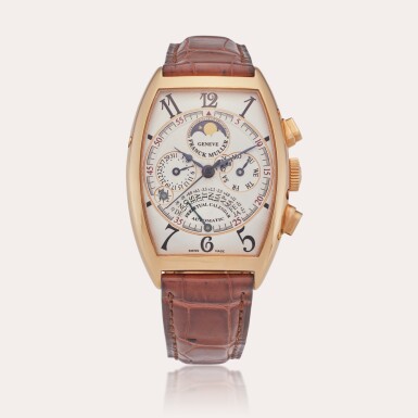 View full screen - View 1 of Lot 486. Reference 6850 QPE Cintrée Curvex Perpetual | A pink gold automatic perpetual calendar chronograph wristwatch with moon phases, retrograde month, leap year and day/night indication, Circa 2002.