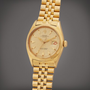 View full screen - View 1 of Lot 144. Reference 6605 Datejust | A yellow gold wristwatch with roulette date wheel and bracelet, Circa 1959.