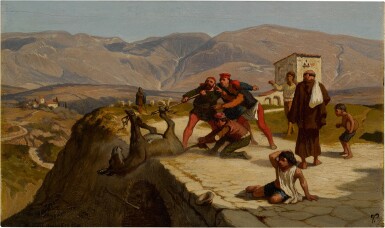 View full screen - View 1 of Lot 420. The Fable of the Miller, His Son and the Donkey: a Set of Nine Paintings.