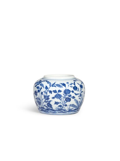 View full screen - View 1 of Lot 5044. An exceptionally rare and finely painted blue and white 'floral' jar, Mark and period of Chenghua | 明成化 青花九秋圖罐 《大明成化年製》款.