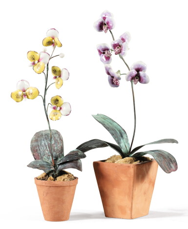 View full screen - View 1 of Lot 197. TWO NATURAL PAINTED SHEET METAL ORCHIDS, 20TH CENTURY | DEUX PETITES ORCHIDÉES EN TÔLE PEINTE AU NATUREL, XXE SIÈCLE.