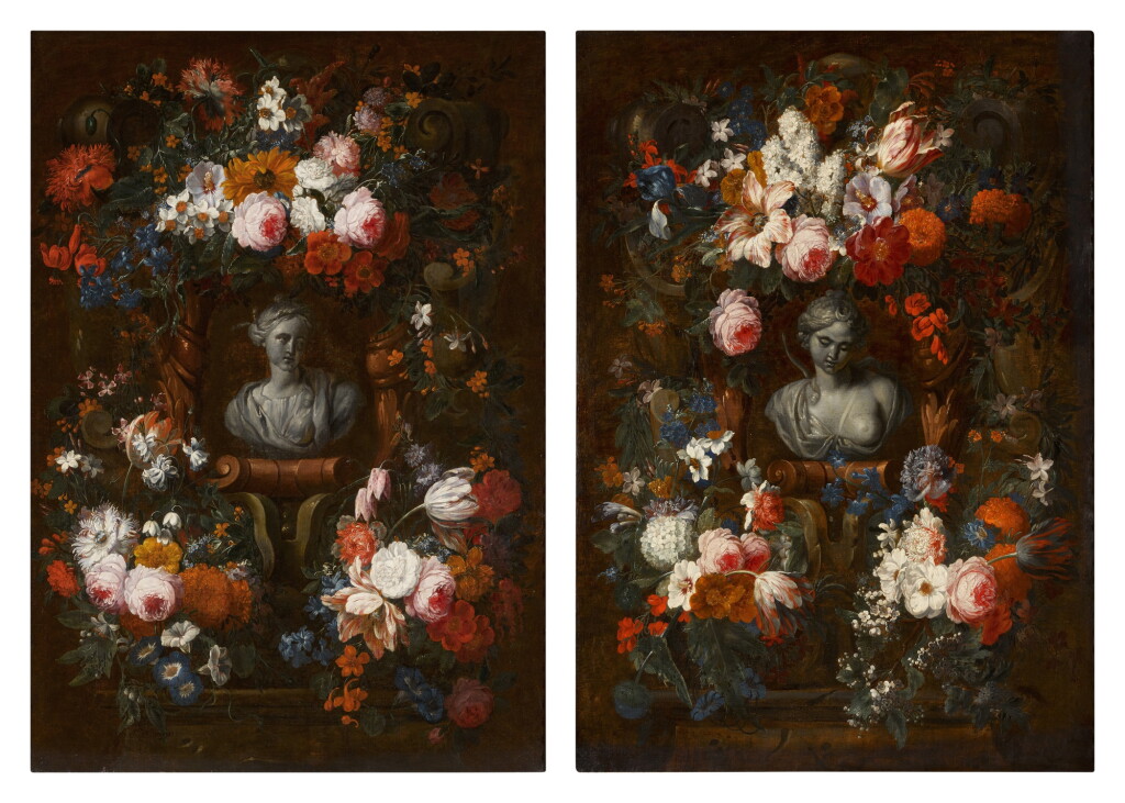 View full screen - View 1 of Lot 161. Bouquets of roses, peonies, tulips, iris, ranunculus and other flowers surrounding a carved stone cartouche with the bust of Ceres; and bouquets of roses, peonies, tulips, iris, ranunculus and other flowers surrounding a carved stone cartouche with the bust of Diana.