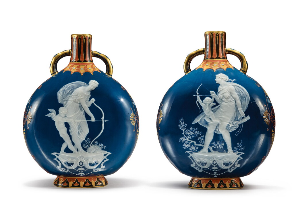 View full screen - View 1 of Lot 335. A RARE PAIR OF MINTONS PÂTE-SUR-PÂTE PEACOCK-BLUE-GROUND TWO-HANDLED BOTTLE EXHIBITION VASES, CIRCA 1877.