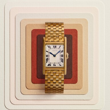 View full screen - View 1 of Lot 49. Tank Bec d’Aigle | A yellow gold rectangular wristwatch with eagle’s beak-form lugs and brick link gold bracelet | Circa 1950.