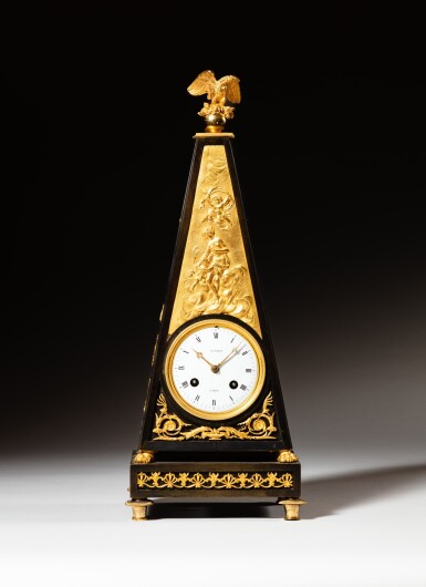 View full screen - View 1 of Lot 250. A Louis XVI gilt and patinated bronze pyramid clock, circa 1780, the dial signed Lepaute.