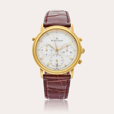 View full screen - View 1 of Lot 572. Reference 1186-3442-55 Villeret Rattrapante | A yellow gold automatic split-second chronograph wristwatch with date, Circa 1990.
