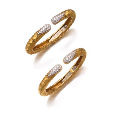 View full screen - View 1 of Lot 202. Two Gold and Diamond Cuff-Bracelets.