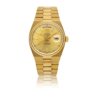 View full screen - View 1 of Lot 29. ROLEX | OYSTERQUARTZ DAY-DATE, REF 19018 YELLOW GOLD WRISTWATCH WITH DAY, DATE AND BRACELET CIRCA 1986.