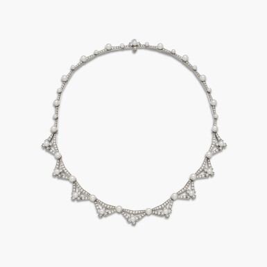 View full screen - View 1 of Lot 255. Cultured Pearl and Diamond Necklace.