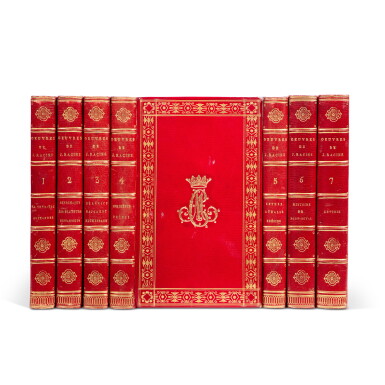 View full screen - View 1 of Lot 767. Œuvres complètes. 1807. 7 volumes. Maroquin rouge de Bozerian, au chiffre de la duchesse de Berry..