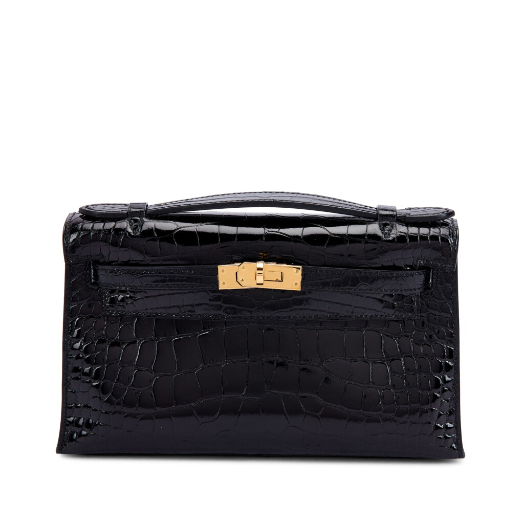 全螢幕檢視 - 查看6016Important Private Collection: Black Shiny Mississippiensis Alligator Kelly Pochette Gold Hardware, 2017的1