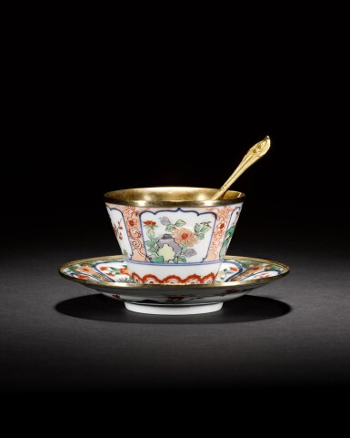View full screen - View 1 of Lot 11. A gold-mounted Japanese Imari porcelain cup and saucer with a gold spoon and fitted case, the cup and saucer mounts, Jean Gaillard, Paris, 1727-32; the spoon 1717-22; the porcelain late 17th/early 18th century.