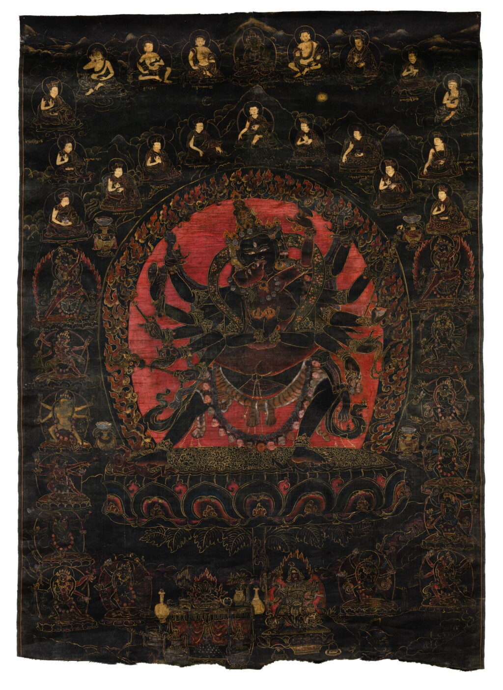 View full screen - View 1 of Lot 103. A rare Kagyu nagthang thangka of Chakrasamvara Tibet, 16th-17th century | 西藏 十六至十七世紀 噶舉派勝樂金剛與金剛亥母黑唐卡 設色絹本.