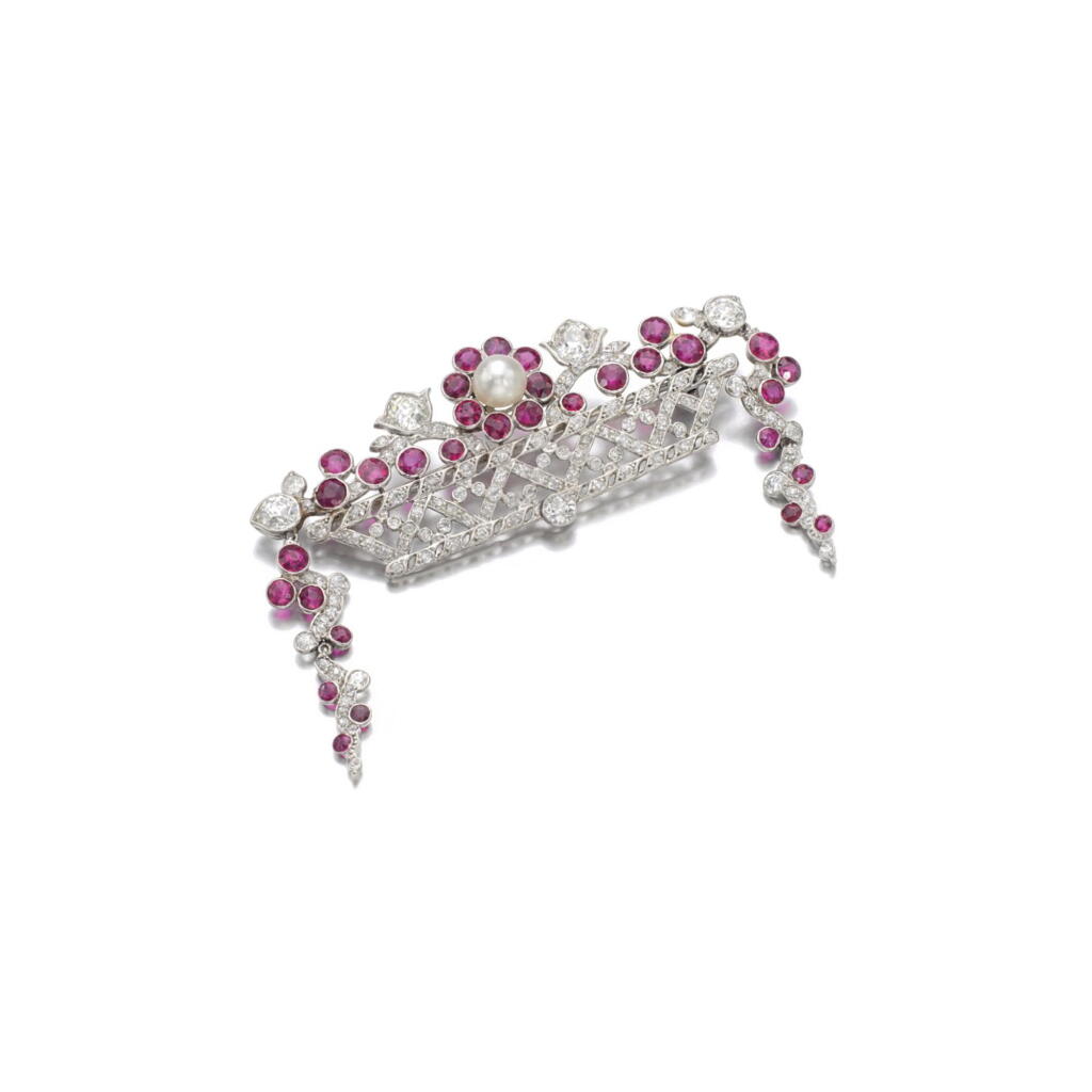 View full screen - View 1 of Lot 192. NATURAL PEARL, RUBY AND DIAMOND BROOCH, JANESICH, 1920S.