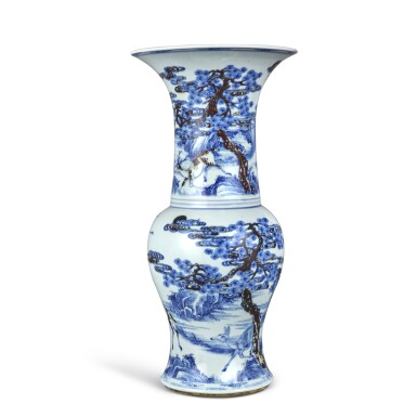 View full screen - View 1 of Lot 190. An underglaze-blue and copper-red 'deer and crane' phoenix-tail vase, Qing dynasty, Kangxi period.