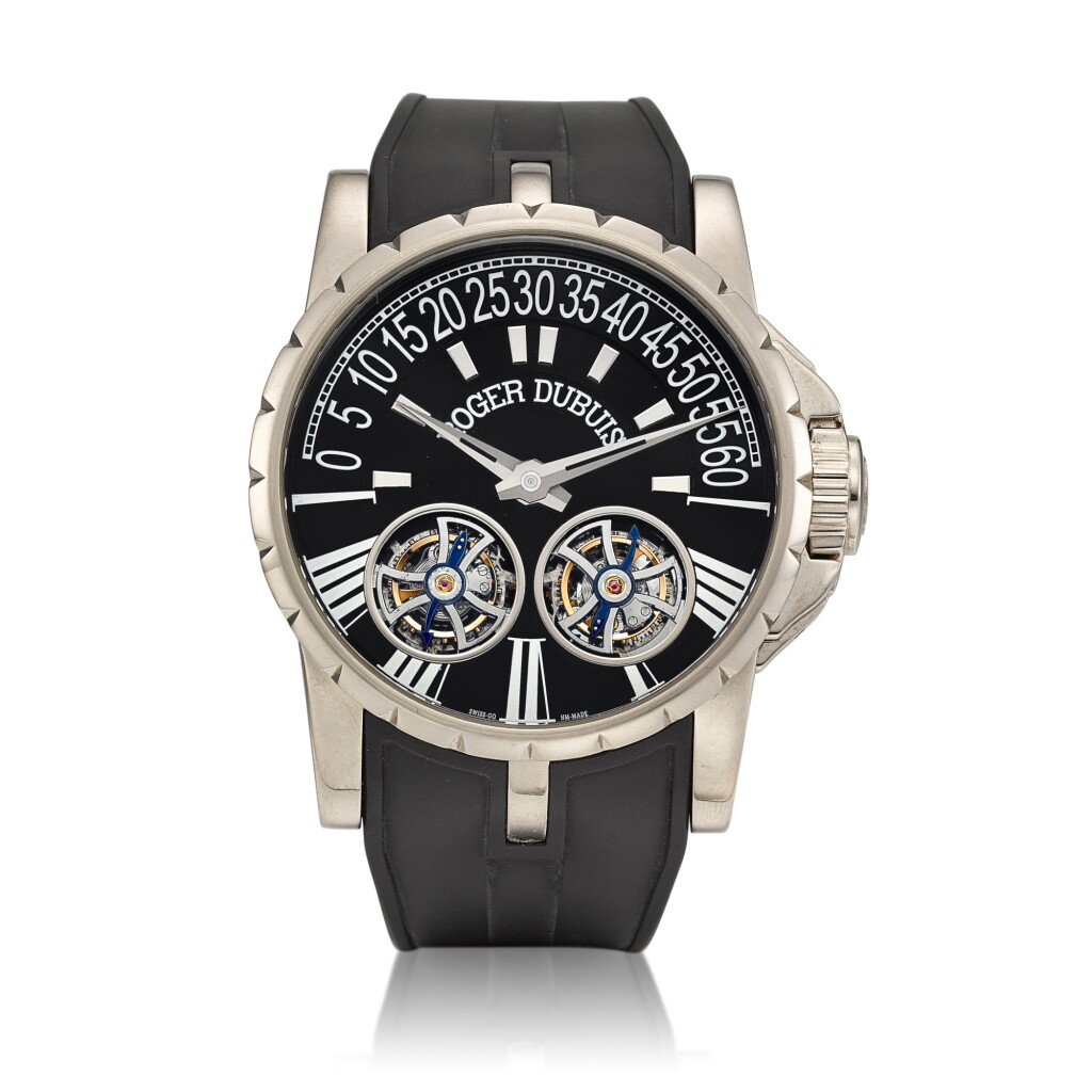 View full screen - View 1 of Lot 8035. Excalibur Double Tourbillon, Reference EX 45 01 | A limited edition white gold double tourbillon wristwatch with jumping hour, retrograde minutes and power reserve indication, Circa 2008 | 羅杰杜彼 | Excalibur Double Tourbillon 型號EX 45 01 | 限量版白金雙陀飛輪腕錶,備跳時、逆跳分鐘及動力儲備顯示,約2008年製.