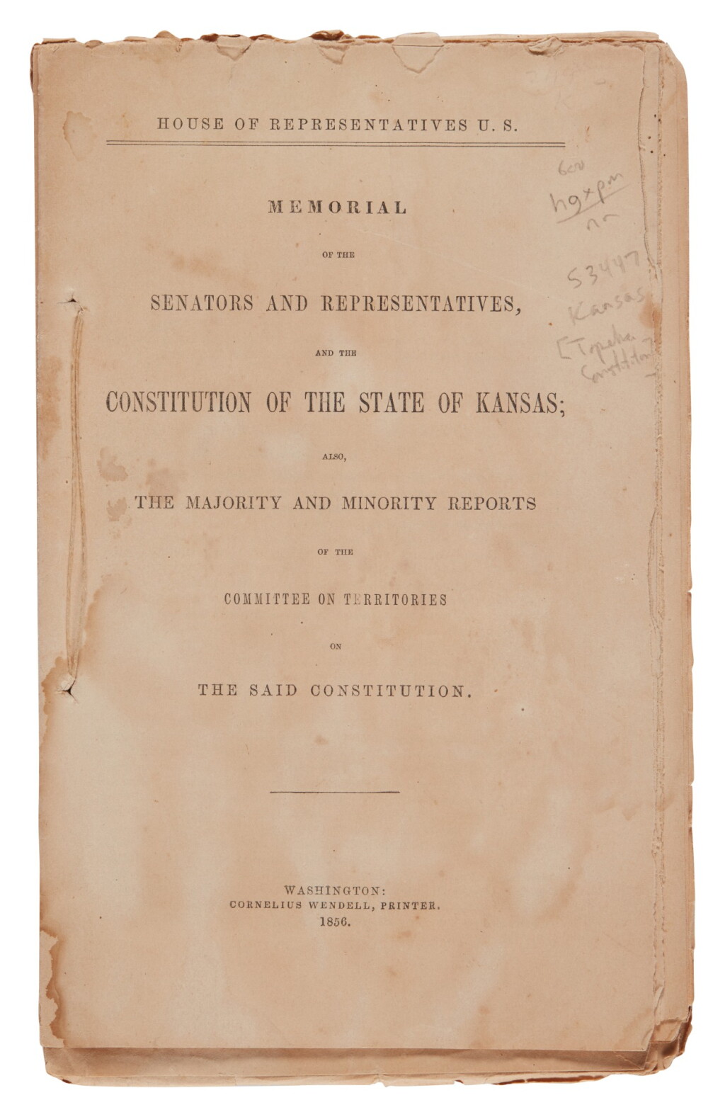 View full screen - View 1 of Lot 119. Kansas | The "Topeka" Constitution: "There shall be no slavery in this State.".