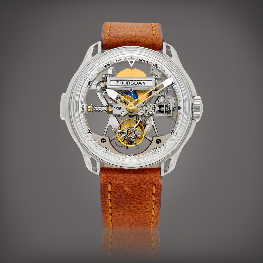 View full screen - View 1 of Lot 2144. Tourbillon Superligero Skeleton Unibody | A titanium skeletonised tourbillon wristwatch with day and day and night indication, Circa 2021 | FVF | Tourbillon Superligero Skeleton Unibody | 鈦金屬鏤空陀飛輪腕錶,備星期及晝夜顯示,約2021年製.