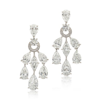 View full screen - View 1 of Lot 1828. Pair of Diamond Pendent Earrings | 寶格麗 | 鑽石 耳墜一對(D色 內部無瑕 鑽石總重8.94克拉).