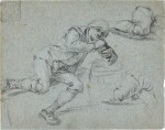 Studies of a Man seated on a bench, leaning on a barrel