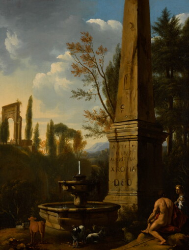View full screen - View 1 of Lot 87. GERRIT JANSZ. VAN BRONCKHORST | A classical landscape with a woman and shepherd sitting next to an obelisk and fountain .