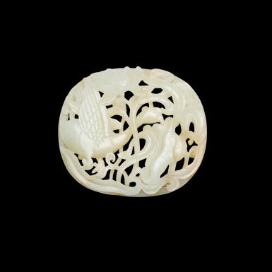 View full screen - View 1 of Lot 186. A reticulated pale celadon jade 'goose and lotus' plaque, Ming dynasty | 明 青白玉鏤雕鵝嬉荷塘帶板.