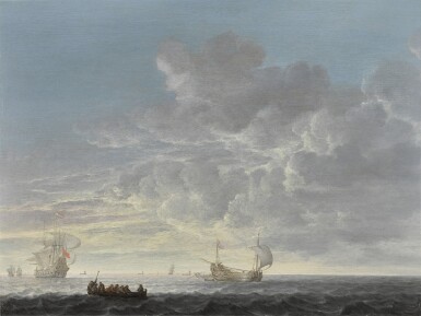 View full screen - View 1 of Lot 159. A herring fleet with a man-o'-war offshore in a light chop and gentle breeze.