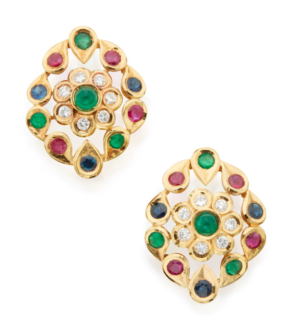 View full screen - View 1 of Lot 49. PAIR OF RUBY, EMERALD, SAPPHIRE AND DIAMOND EARCLIPS, CARTIER, PARIS.