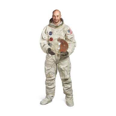 View full screen - View 1 of Lot 12. MOCK-UP A7L SPACESUIT, COMPLETE WITH BUBBLE HELMET, BOOTS, AND GLOVES, CA 1969.