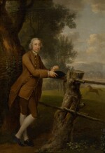 Portrait of a gentleman in a brown suit, full-length, with a horse in the field beyond