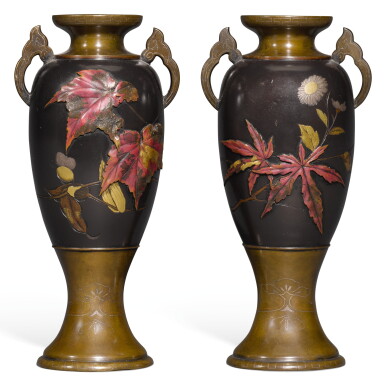 View full screen - View 1 of Lot 135. A PAIR OF BRONZE VASES, SIGNED YUKIMUNE ZO, MEIJI PERIOD, LATE 19TH CENTURY.