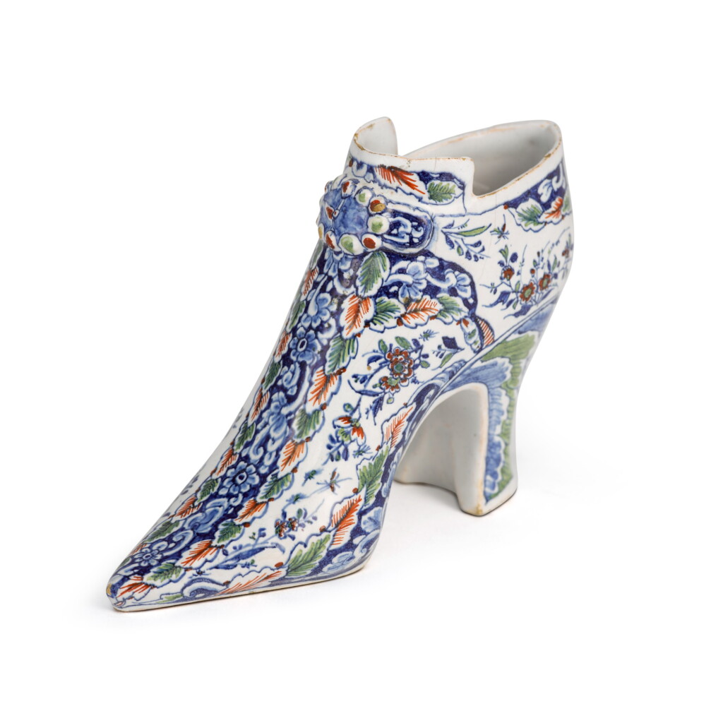 View full screen - View 1 of Lot 1343. An English Delftware Polychrome Model of a Shoe, Dated 1722.