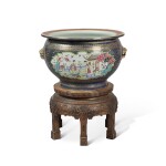 A Chinese Export Blue-Ground Famille-Rose 'Ladies and Boy' Fish Bowl, Qing Dynasty, Qianlong Period, Circa 1775 | 清乾隆 約1775年 藍地粉彩開光仕女嬰戯圖大缸