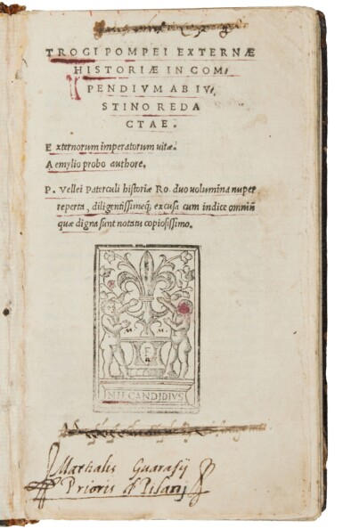 View full screen - View 1 of Lot 178. Justinus, Trogi Pompei externae historiae, Florence, Heirs of Giunta, 1525, contemporary Bolognese brown morocco by Vignette Binder, ca. 1530.