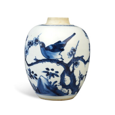 View full screen - View 1 of Lot 51. A blue and white 'prunus and magpie' ovoid jar, 19th / 20th century.