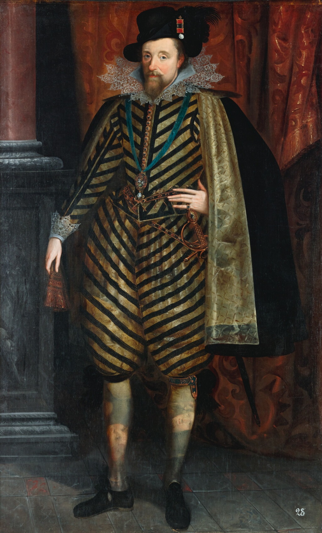 View full screen - View 1 of Lot 131. ENGLISH SCHOOL, CIRCA 1620 | Portrait of James VI of Scotland and I of England (1566–1625), full-length, wearing a black and white striped suit with a silk lined black cape, lace collar and cuffs and a hat with a feather, with the Order of Saint George.