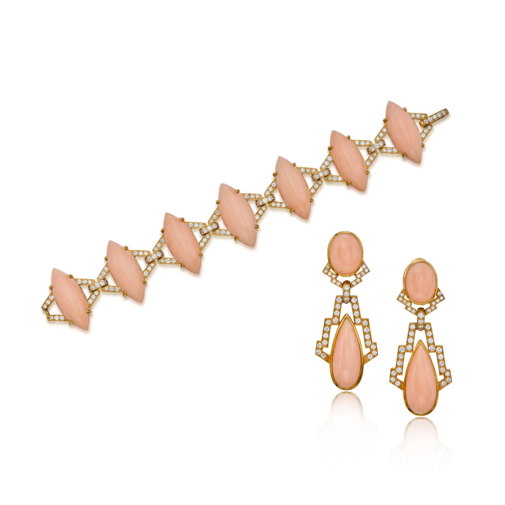 View full screen - View 1 of Lot 132. Coral and Diamond Bracelet and Pair of Earclips.
