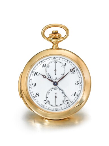 View full screen - View 1 of Lot 80. SWISS | A YELLOW GOLD OPEN FACED MINUTE REPEATING CHRONOGRAPH WATCH WITH REGISTERS CIRCA 1910.