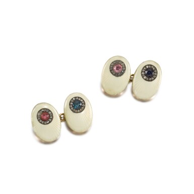 View full screen - View 1 of Lot 30. A pair of Fabergé jewelled gold and guilloché enamel cufflinks, workmaster August Hollming, St Petersburg, 1899-1908.