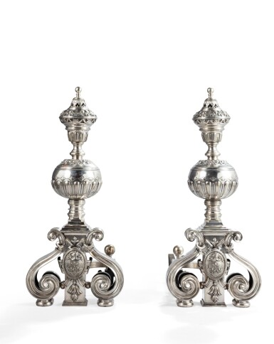 View full screen - View 1 of Lot 173. A pair of monumental steel fire dogs, signed by the company W.N. Jackson & Co New-York, late 19th century | Paire de chenets monumentaux en acier, signés par la compagnie W.N. Jackson & Co à New-York, fin du XIXème siècle.