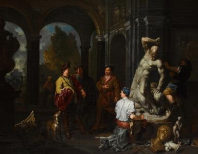 View full screen - View 1 of Lot 52. BALTHASAR VAN DEN BOSSCHE | Elegant figures overseeing sculptors working on a statue of Hercules and Anateus in a palace courtyard.