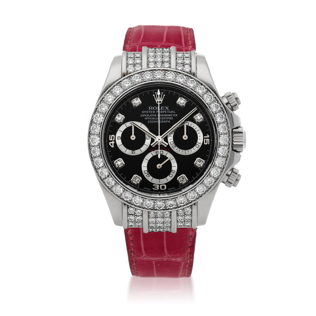 View full screen - View 1 of Lot 413. Daytona, Ref. 116599 White gold and diamond-set chronograph wristwatch Circa 2001 | 勞力士 116599型號「Daytona」白金鑲鑽石計時腕錶,年份約2001.