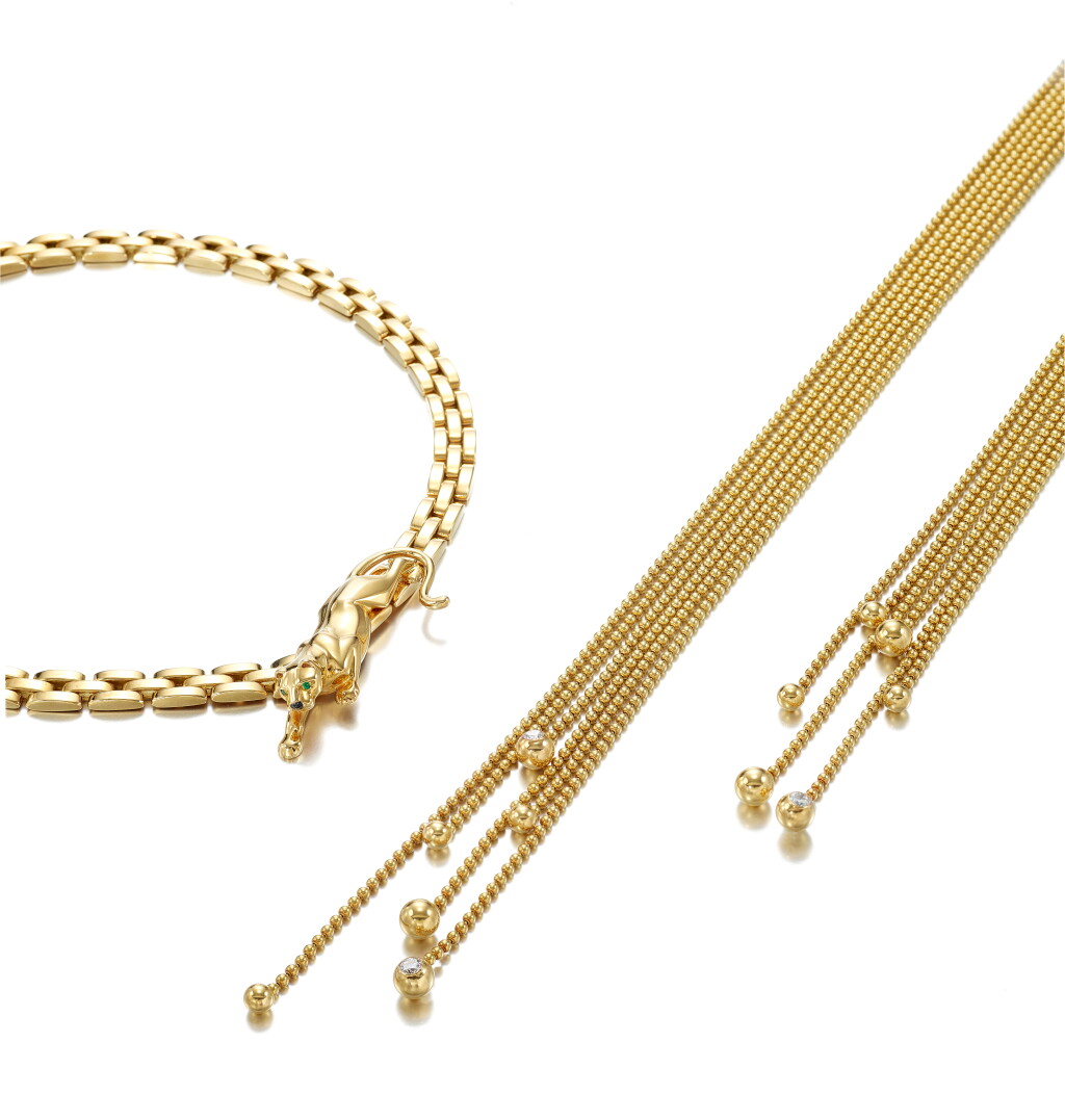View full screen - View 1 of Lot 9171. GOLD AND GEM-SET NECKLACE, 'MAILLON PANTHÈRE', AND GOLD AND DIAMOND NECKLACE, ' DRAPÈRIE', CARTIER | K金 配 寶石 項鏈, 'Maillon Panthère'; 及 K金 配 鑽石項鏈, ' Drapèrie', 卡地亞(Cartier).