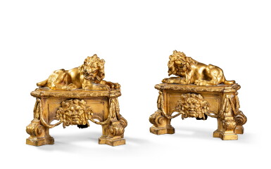 View full screen - View 1 of Lot 13. A pair of Louis XVI gilt-bronze 'aux lions' fire dogs, circa 1775.