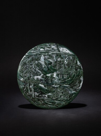 View full screen - View 1 of Lot 225. A Khotan green jade double-sided 'landscape and prunus' circular screen, Qing dynasty, Qianlong period | 清乾隆 和闐青玉山水紋圓插屏.