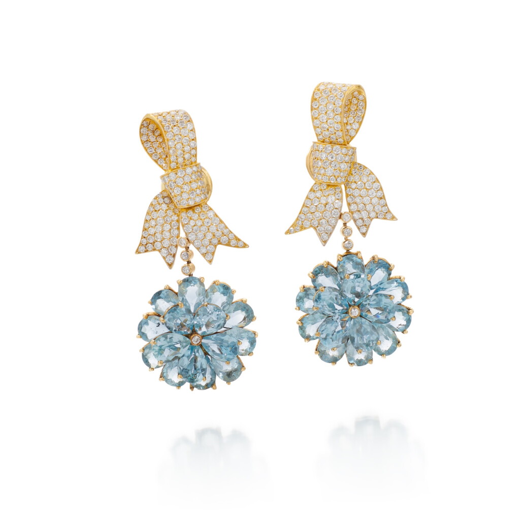 View full screen - View 1 of Lot 165. PAIR OF AQUAMARINE AND DIAMOND EARRINGS (PAIO DI ORECCHINI CON ACQUAMARINE E DIAMANTI).