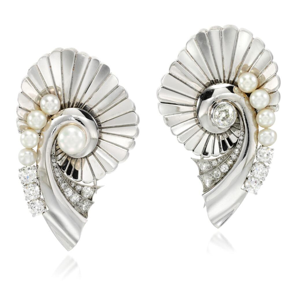 View full screen - View 1 of Lot 160. Pair of pearl and diamond brooches.